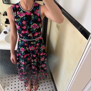 Cynthia Rowley Floral Embroidered Black Maxi Dress Gownwith Pink & Green Accents